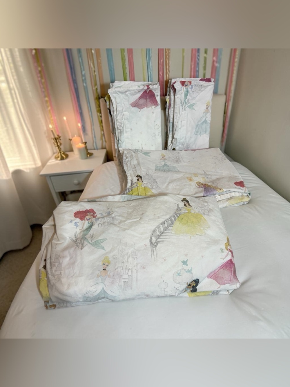 4 Pc Pottery Barn Kids Disney Princess Sheet Set Twin Fitted Flat & 2 Pillowcase